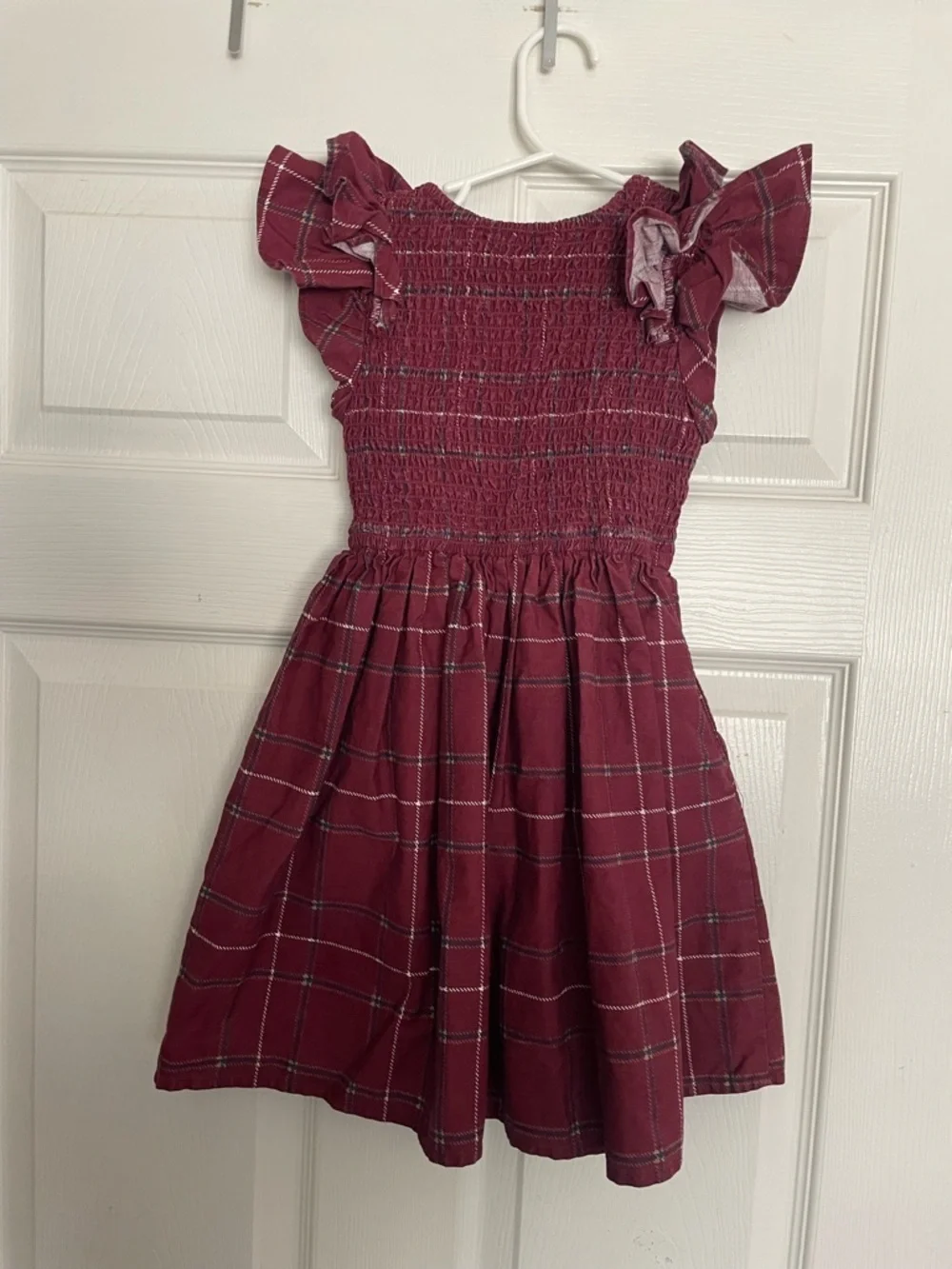 Ivy City Co 100% Cotton Girls Smocked Burgundy Plaid Dress with Ruffle Sleeves